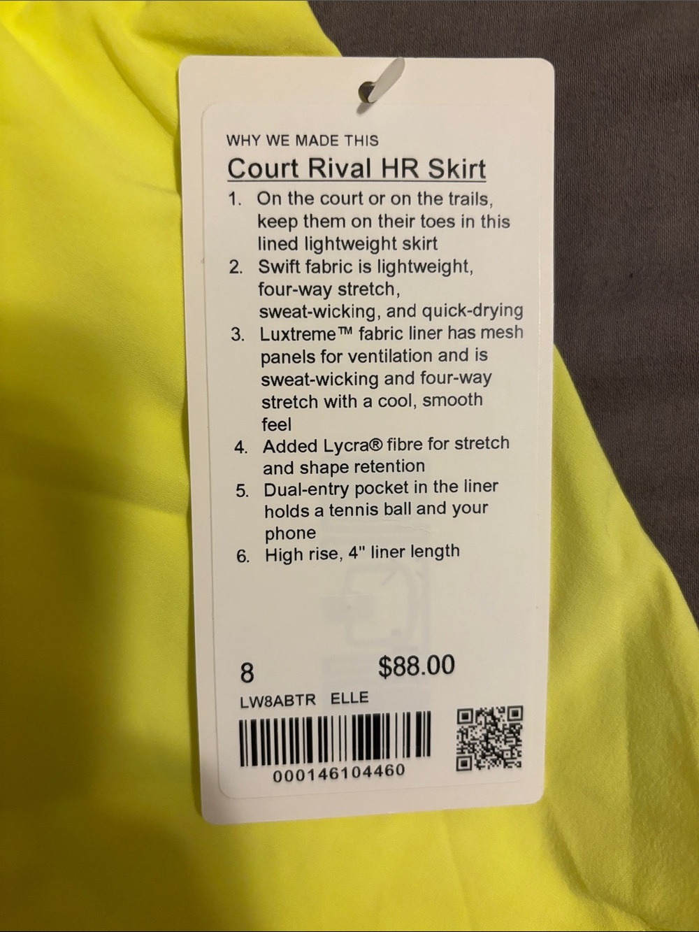 lululemon athletica Neon Yellow Court Rival HR Skirt - Picture 2 of 2